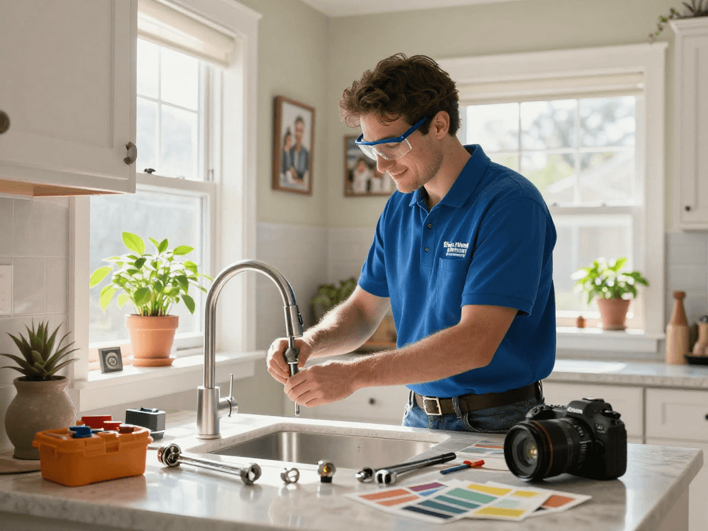 Blue Moon Plumbing and Rooter technician installing faucet in a bright kitchen, showcasing home service quality.