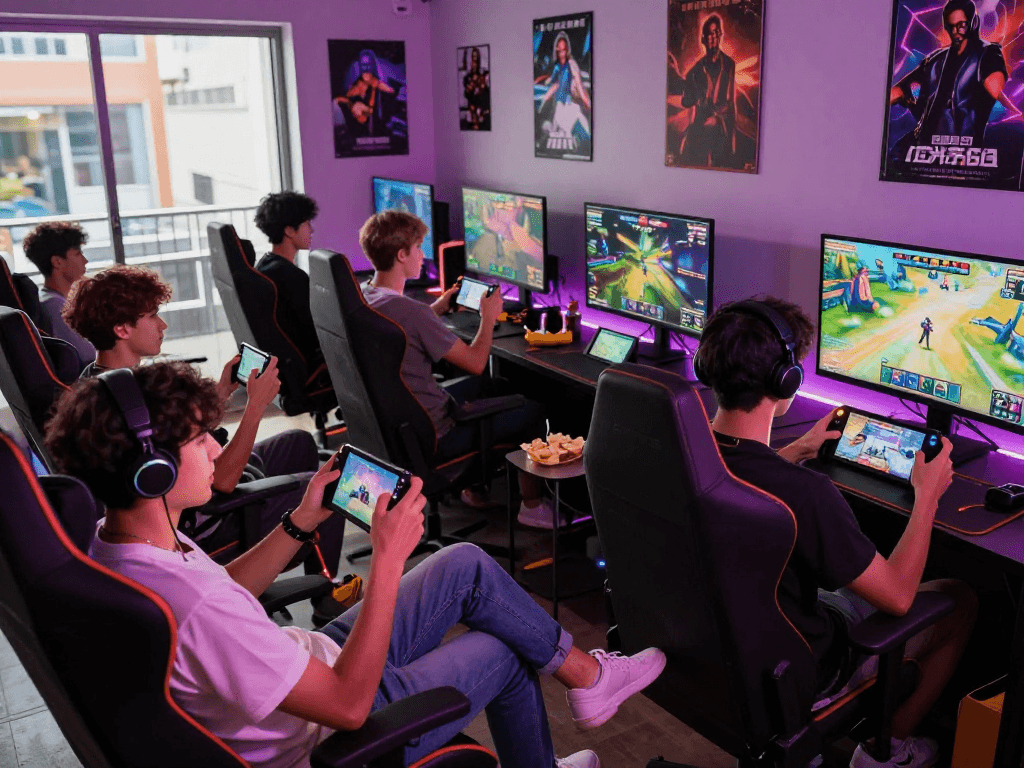 Engaged players immersed in mobile porn games, vibrant gaming atmosphere.