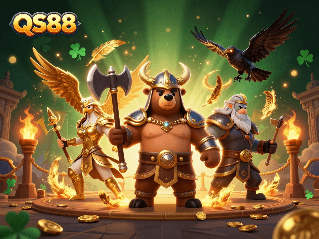 Experience the dynamic energy of QS88 with a Viking bear and Valkyrie in a thrilling casino scene.