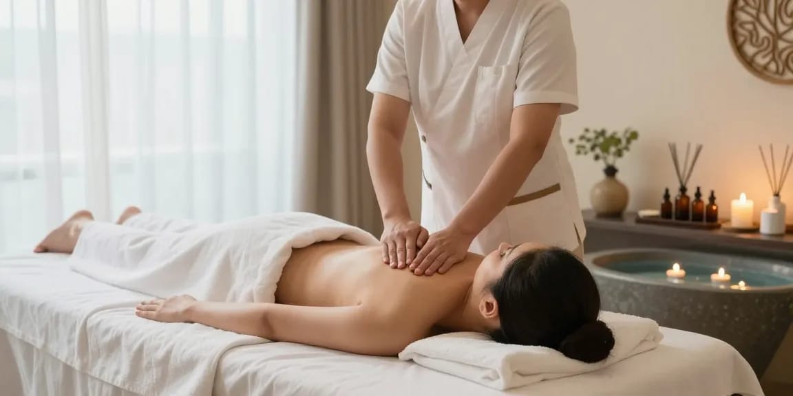 Professional therapist providing a 수원출장마사지 in a calming spa atmosphere with candles and soft light.