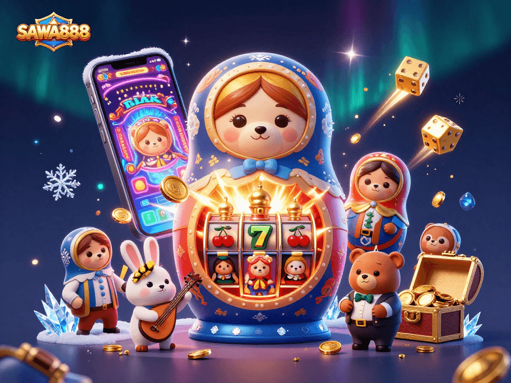 Experience SAWA888's vibrant casino atmosphere with a dazzling jackpot explosion and animated characters.