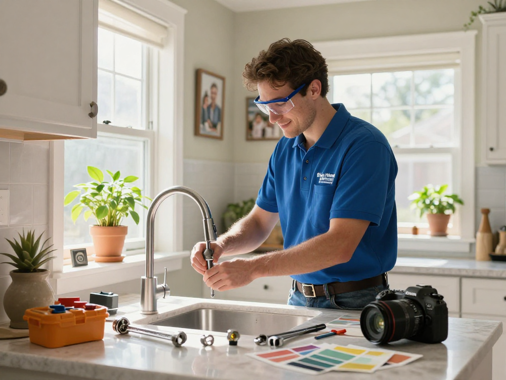 Blue Moon Plumbing and Rooter technician installing faucet in a bright kitchen, showcasing home service quality.