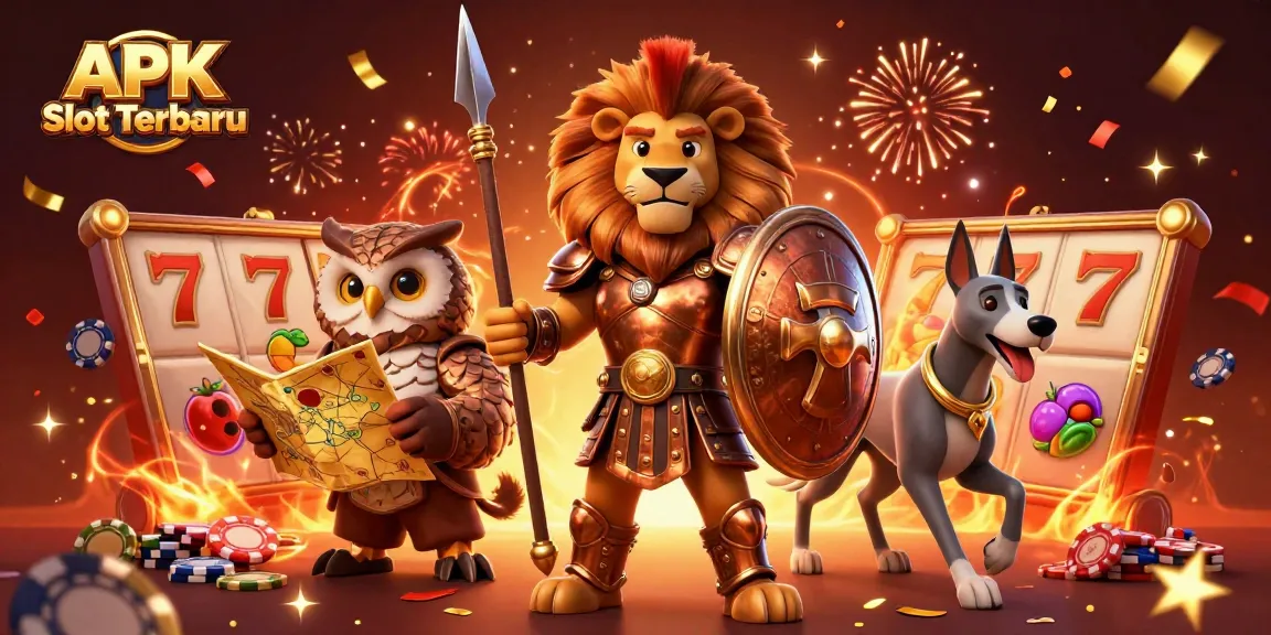 Engage with APK Slot Terbaru featuring dynamic slot reels, a Spartan lion character, and festive fireworks!