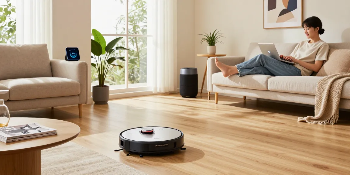 Roborock 2026 robot vacuum smoothly navigating a tech-savvy living room while a homeowner relaxes in a modern setting.