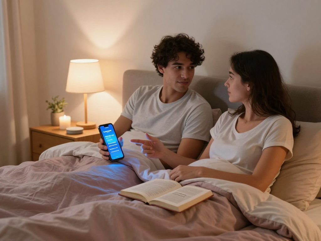 Couple engaging with sex ai technology in an intimate bedroom setting, showcasing a blend of modern tech and romantic ambiance.