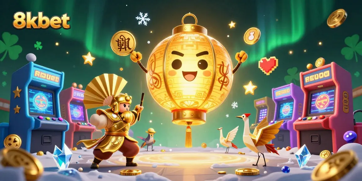 Immersive scene of 8kbet illustrating golden lantern spirit with games and lucky symbols, captivating online casino experience.