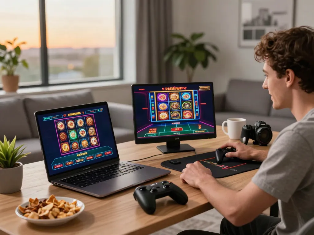 Player enjoying thrilling online casino games at http://sin88-onl.com/ in a vibrant gaming setup.