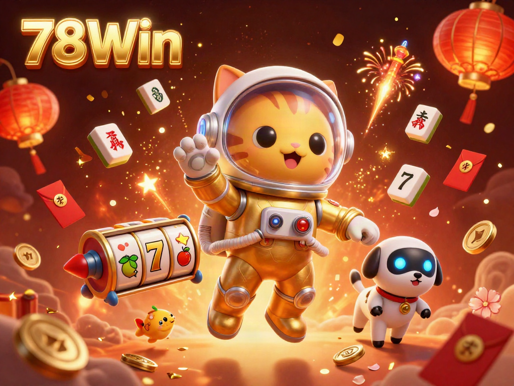 Play thrilling slots at 78Win with a lively cartoon scene featuring astronauts and festive casino elements.