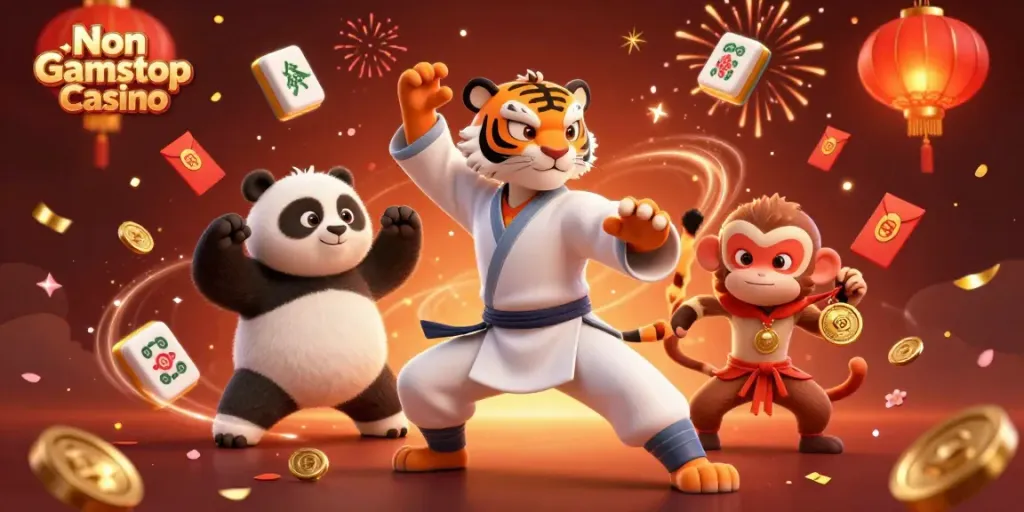Experience the thrills of a Non Gamstop Casino with a dynamic 3D illustration of a kung fu tiger and friends celebrating.