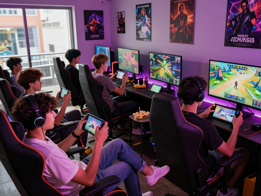 Engaged players immersed in mobile porn games, vibrant gaming atmosphere.