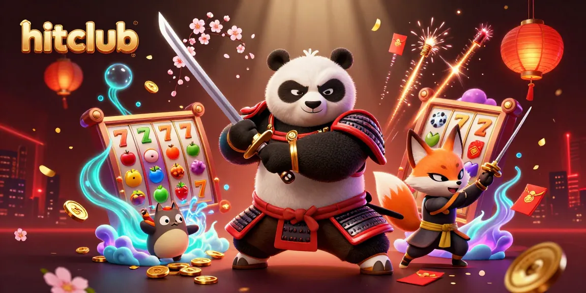 Join hitclub's fierce samurai panda and friends in a thrilling slot adventure, surrounded by dazzling casino symbols.