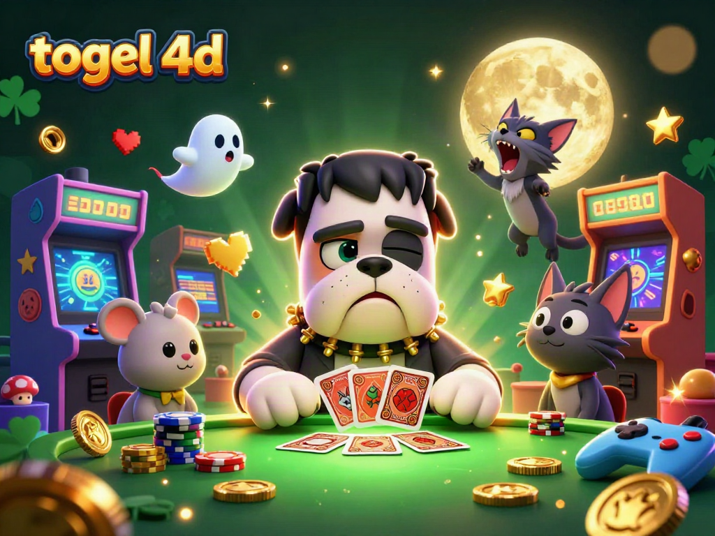 Engage in lottery excitement with togel 4d at a vivid casino scene featuring whimsical characters and games.