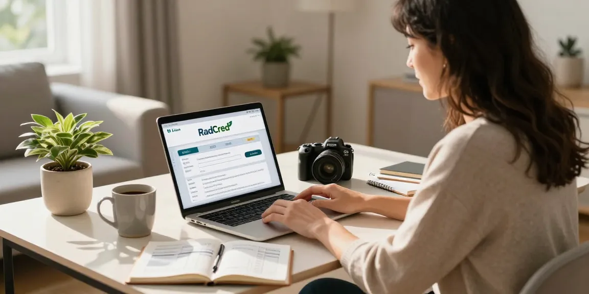 Woman applying for a $350 loan online through RadCred in a cozy home office.