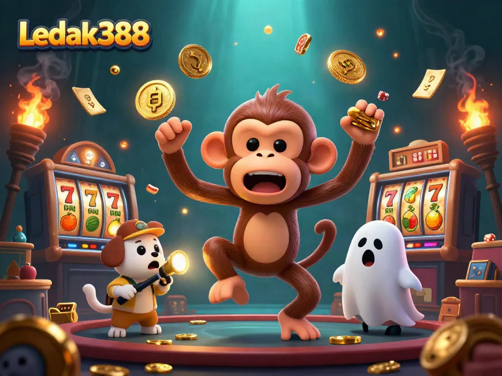 Join the fun at Ledak388 with thrilling slot games surrounded by dynamic golden elements.
