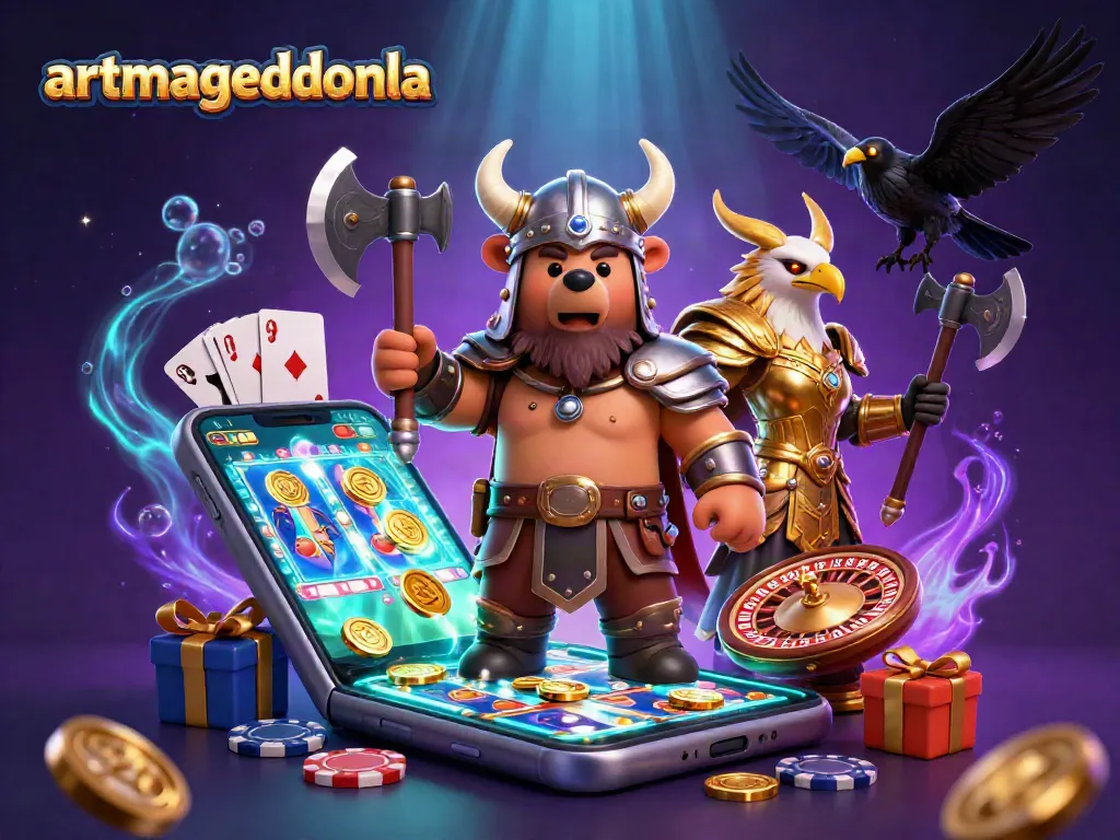 Experience thrilling adventures at artmageddonla with a dynamic 3D casino scene featuring vibrant slot games and exciting action.