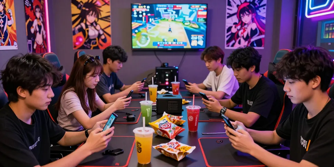 Players enjoying a hentai game in a colorful gaming room, surrounded by anime art.