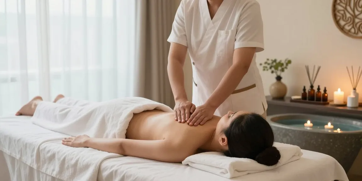 Professional therapist providing a 수원출장마사지 in a calming spa atmosphere with candles and soft light.