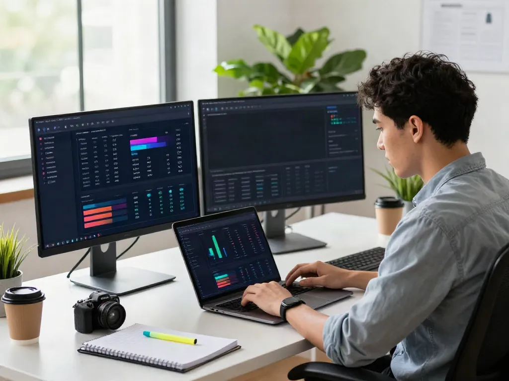 Digital marketer using instant indexing strategies on multiple screens in a modern office.