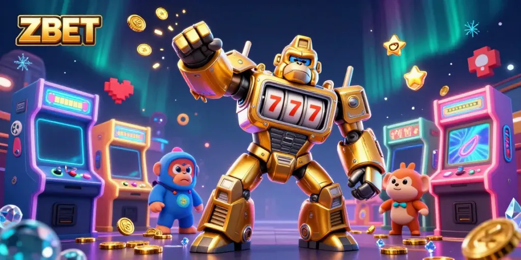 Experience the thrilling world of ZBET with a vibrant 3D illustration of a golden gorilla mech and arcade games.