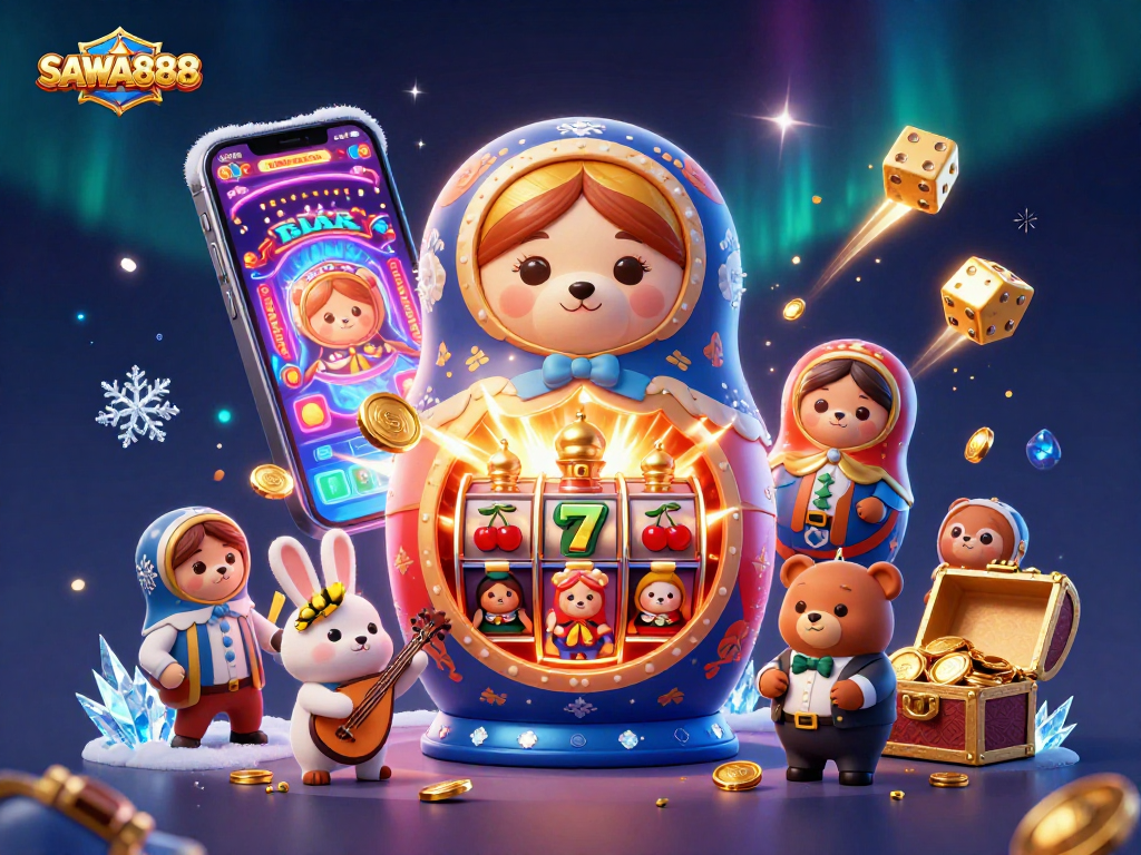 Experience SAWA888's vibrant casino atmosphere with a dazzling jackpot explosion and animated characters.