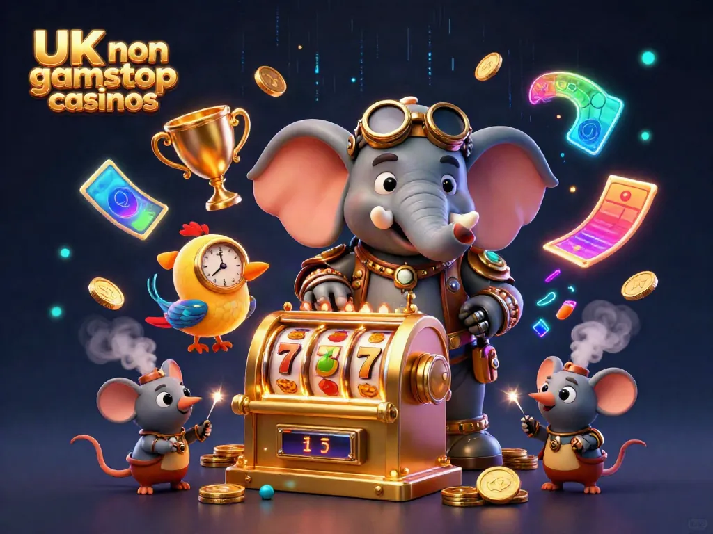 Engaging illustration of UK non gamstop casinos featuring a steampunk elephant engineer at a vibrant slot machine.