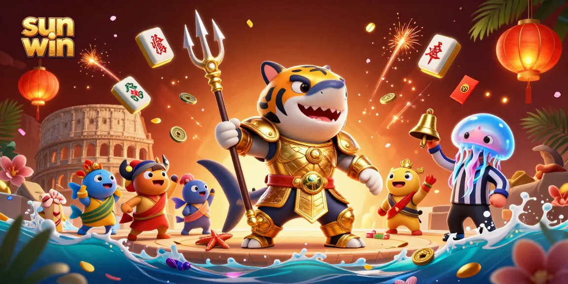 Experience the excitement of sun win games with a vibrant 3D scene featuring a golden shark gladiator.