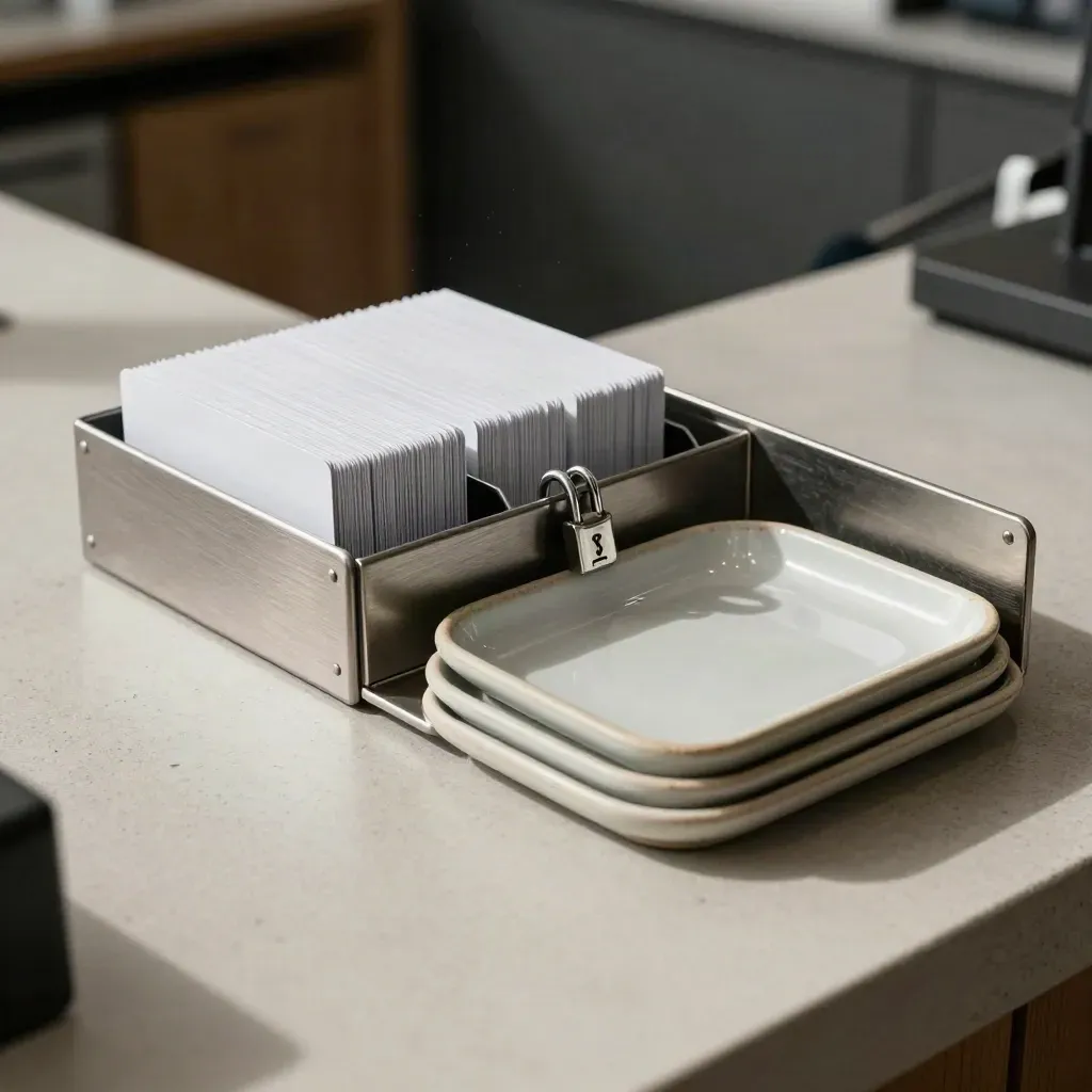 Metal card caddy, lock, and ceramic trays on a secure back-office counter.