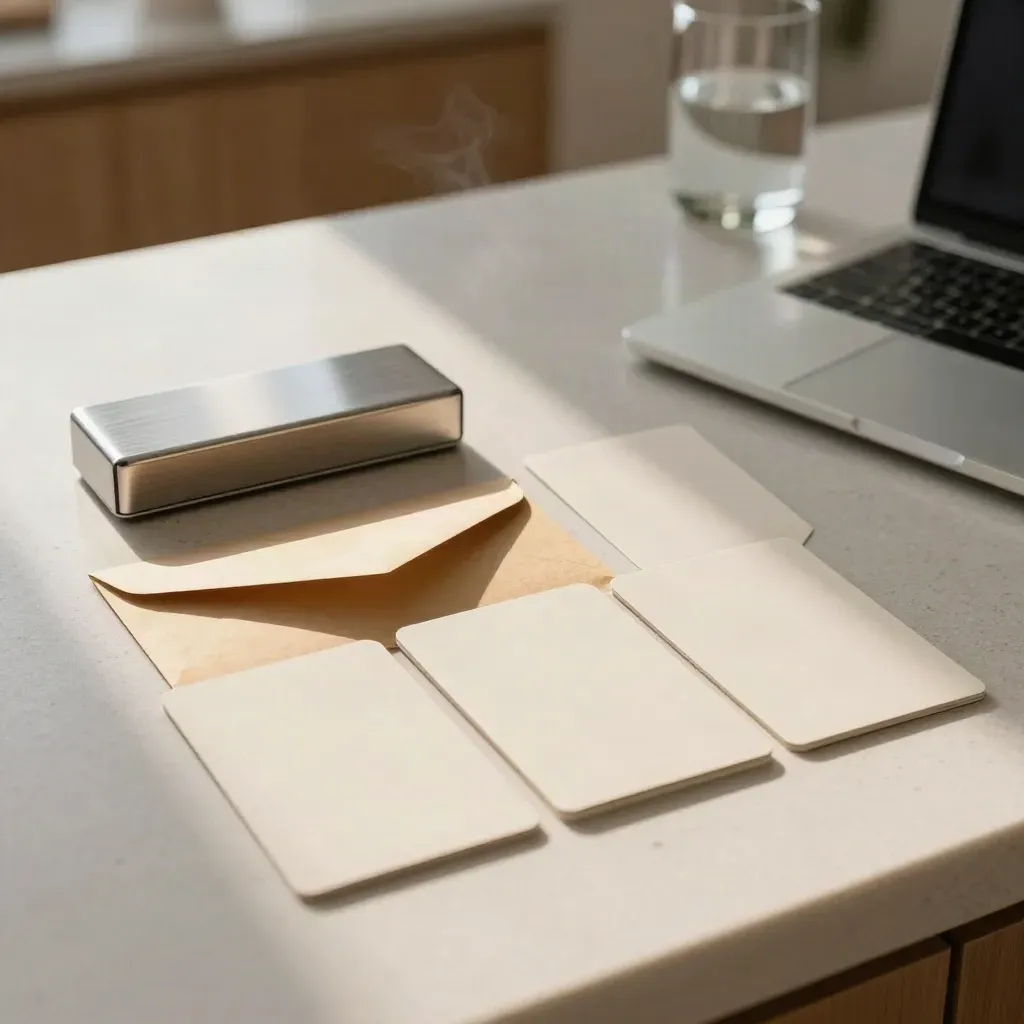 Opened card kit with blank cards, secure envelope, organiser and closed laptop on a kitchen counter.