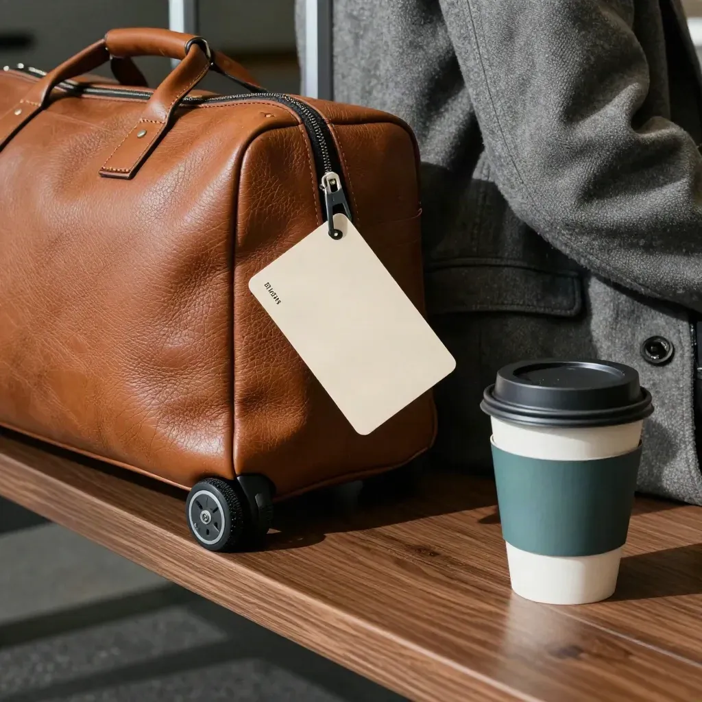 Leather travel pouch, expense-card sleeve, suitcase wheel and coffee cup on a hotel bench.