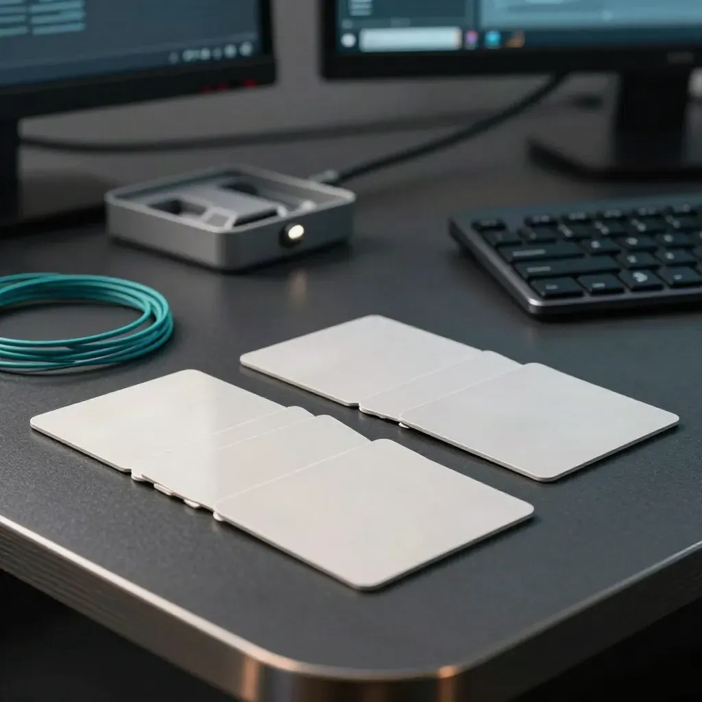 Blank payment cards fanned beside cable ties and a dongle tray in a software office.