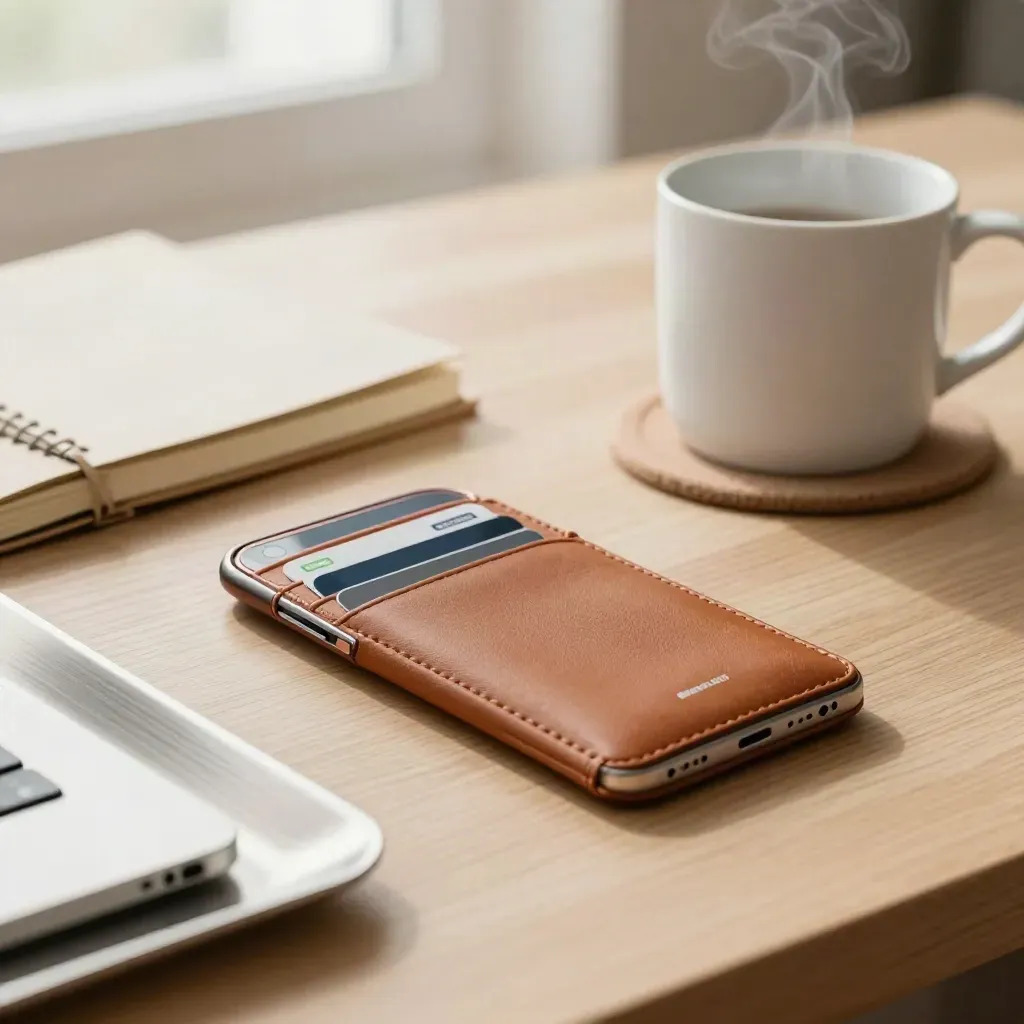 Handset, card wallet, closed notebook and white mug on a warm support desk