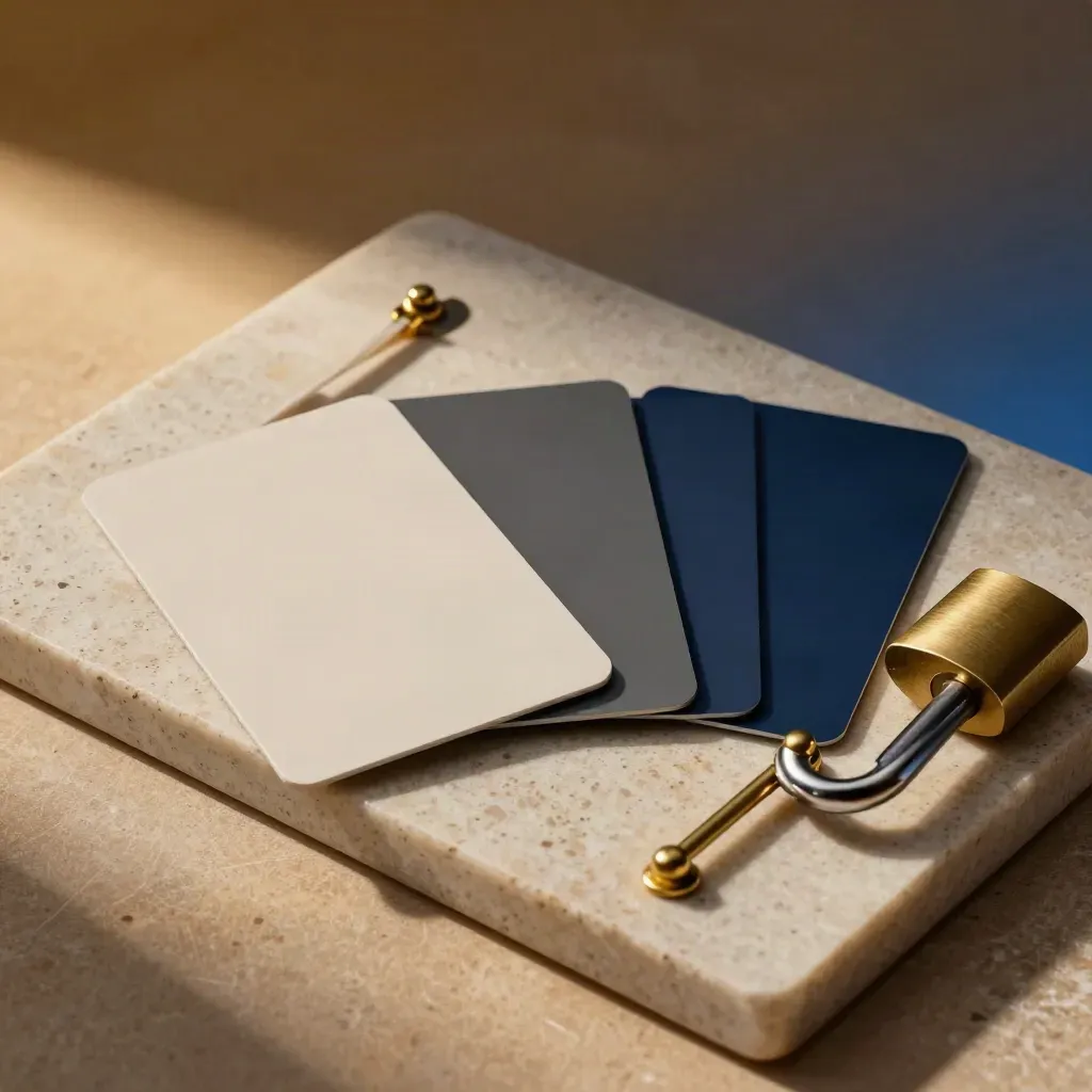 Three unprinted cards under brass stops beside a padlock on a stone tray