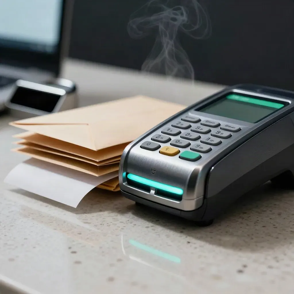 Card reader and receipt envelopes on travertine with steam and a teal glow