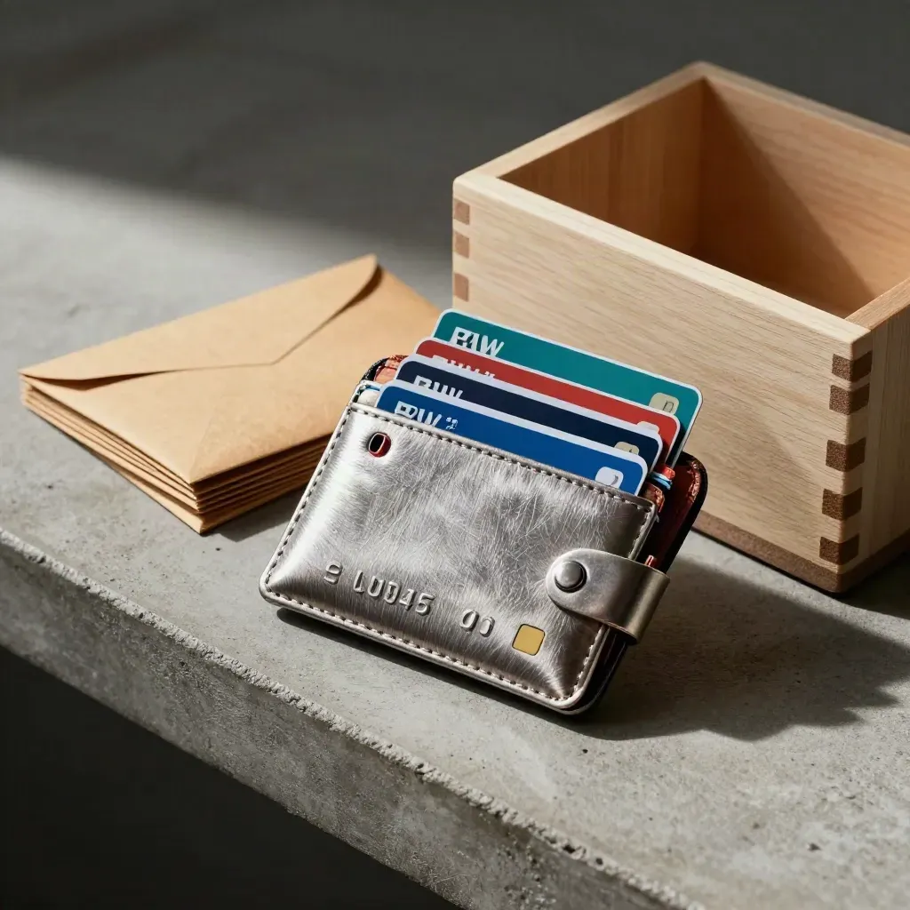 Brushed-metal wallet of prepaid cards beside kraft envelope stacks and a pale wood organiser on concrete.