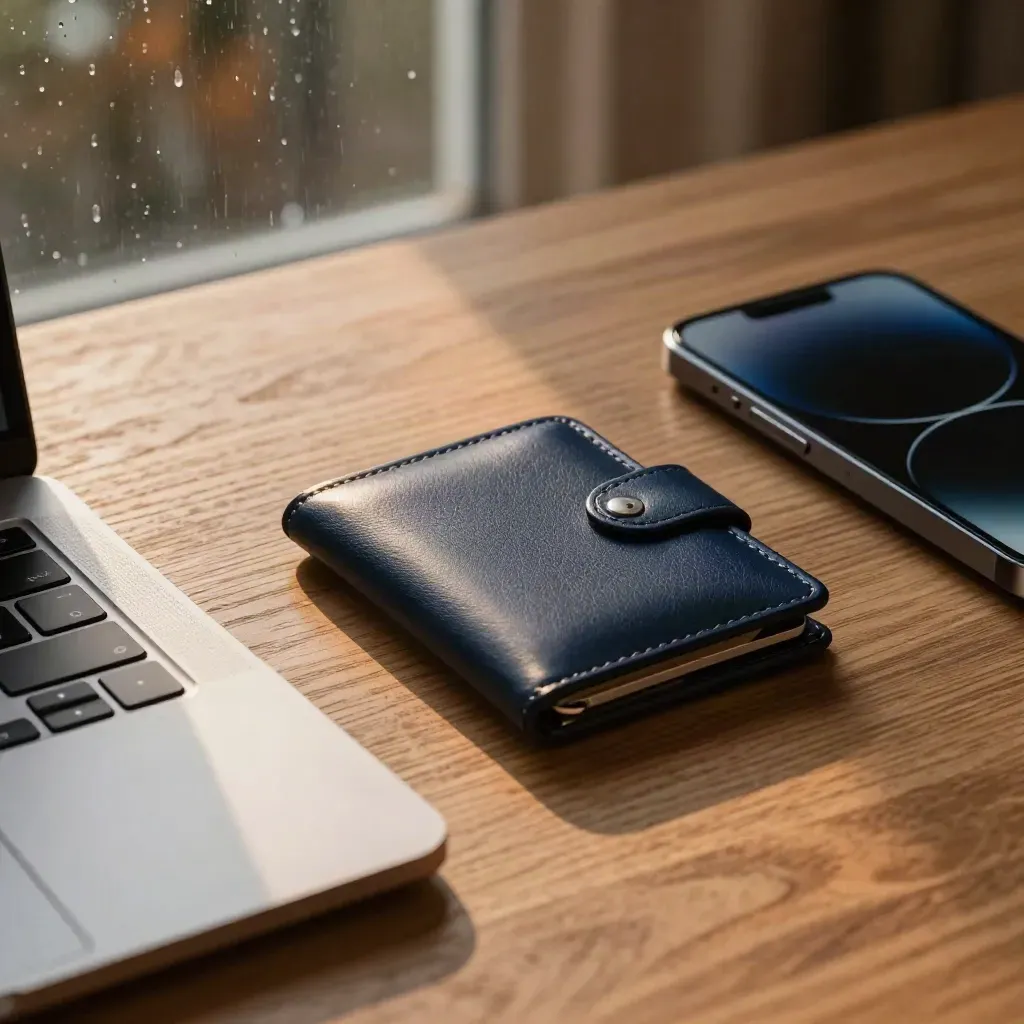 Closed laptop, navy card wallet and charging phone on an oak desk with rain-streaked glass.
