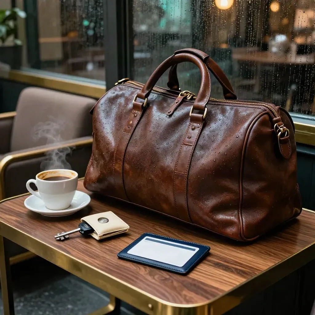 Lobby side table with travel bag, key sleeve, expense card holder and coffee cup.
