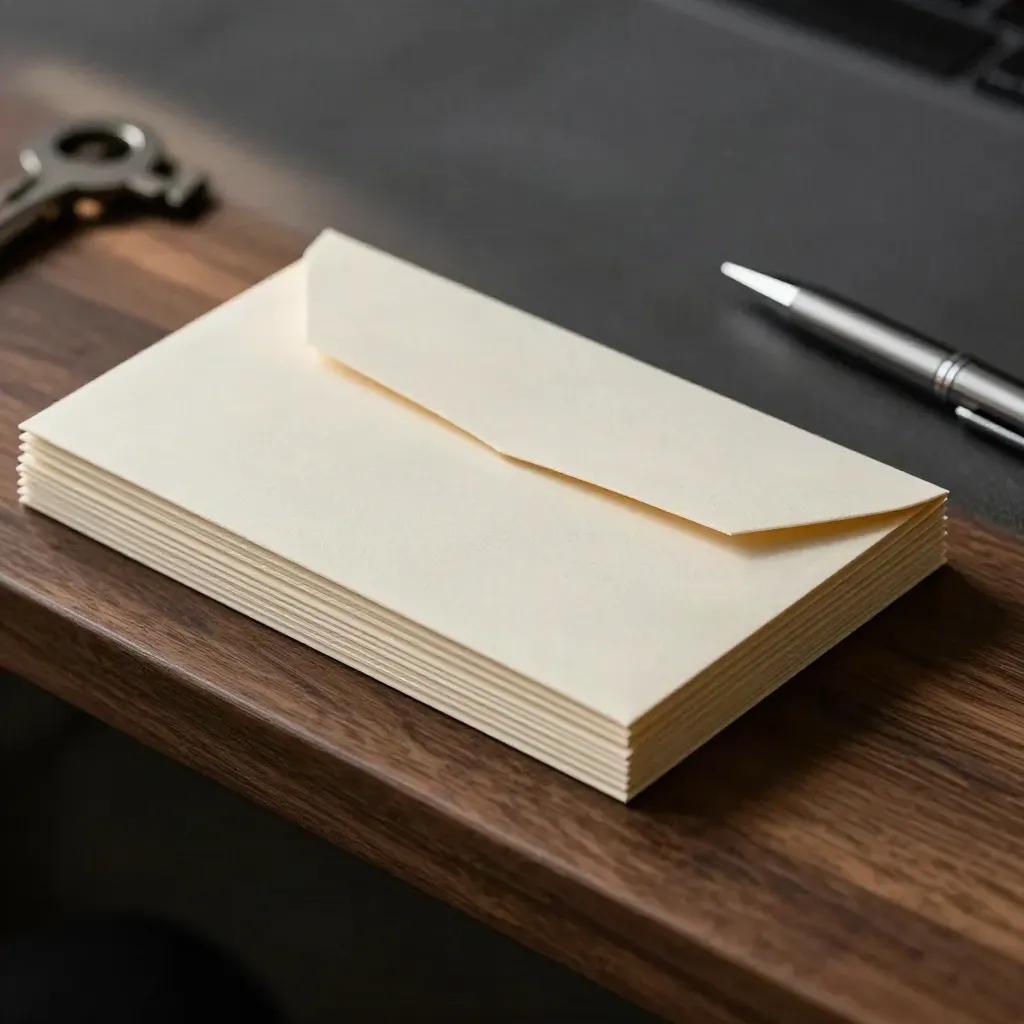 Receipt envelopes, note cards and a payment card on a dark desk in moody side light