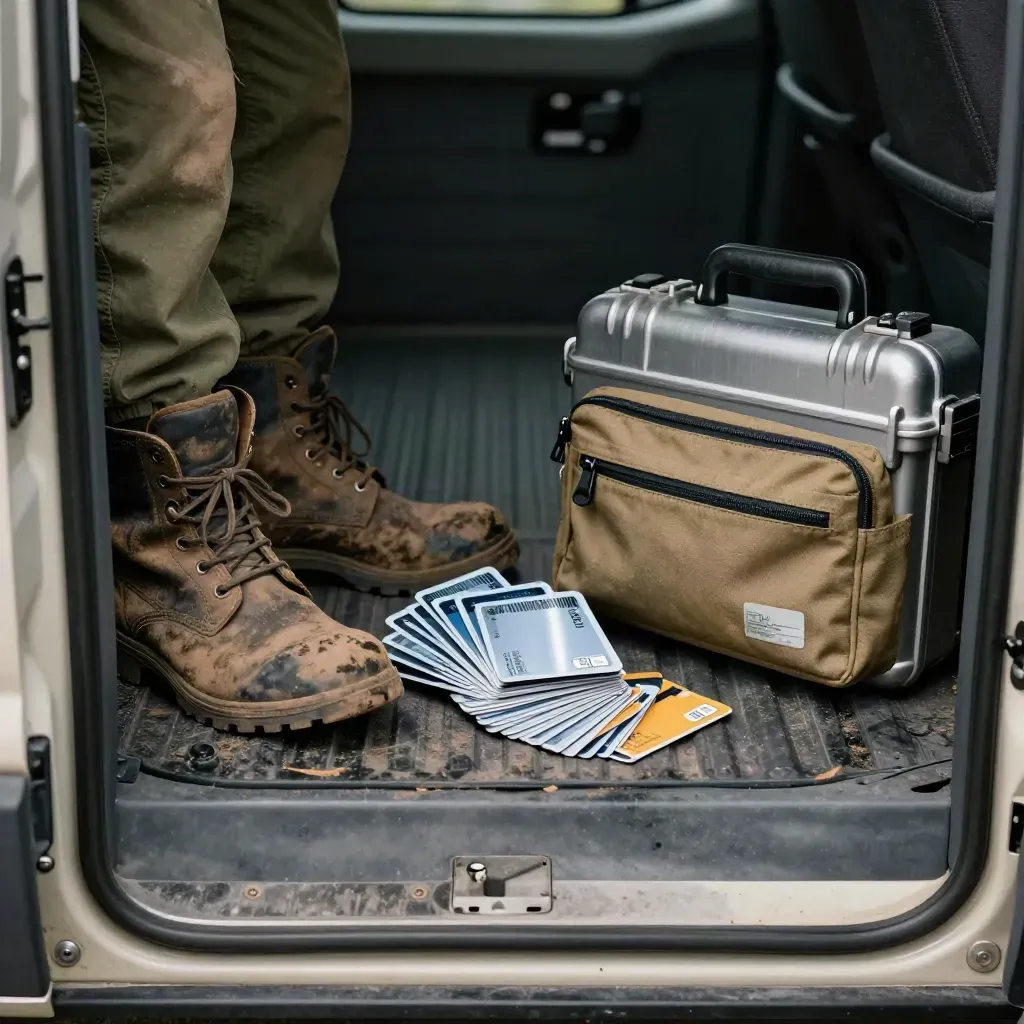 Project cards, site boots, hard case and pouch inside a van doorway in cold morning light.