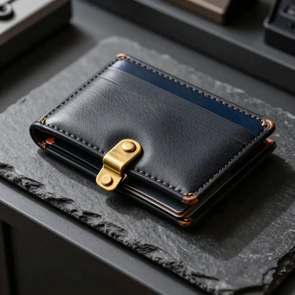 Overhead of a locked leather card wallet on slate with brass hardware and sealed compartments.