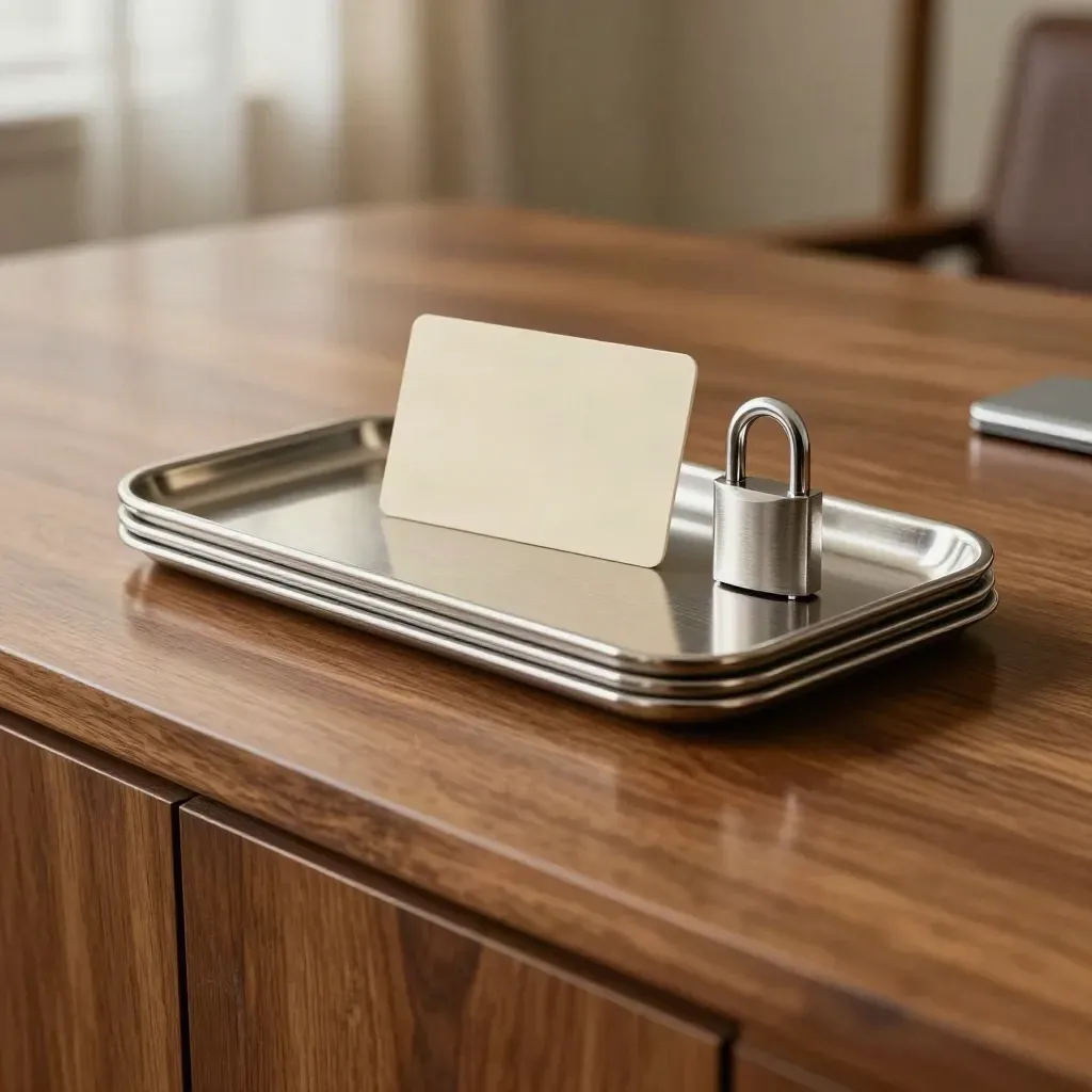 Stacked approval trays, blank card and silver lock on a warm boardroom sideboard in daylight