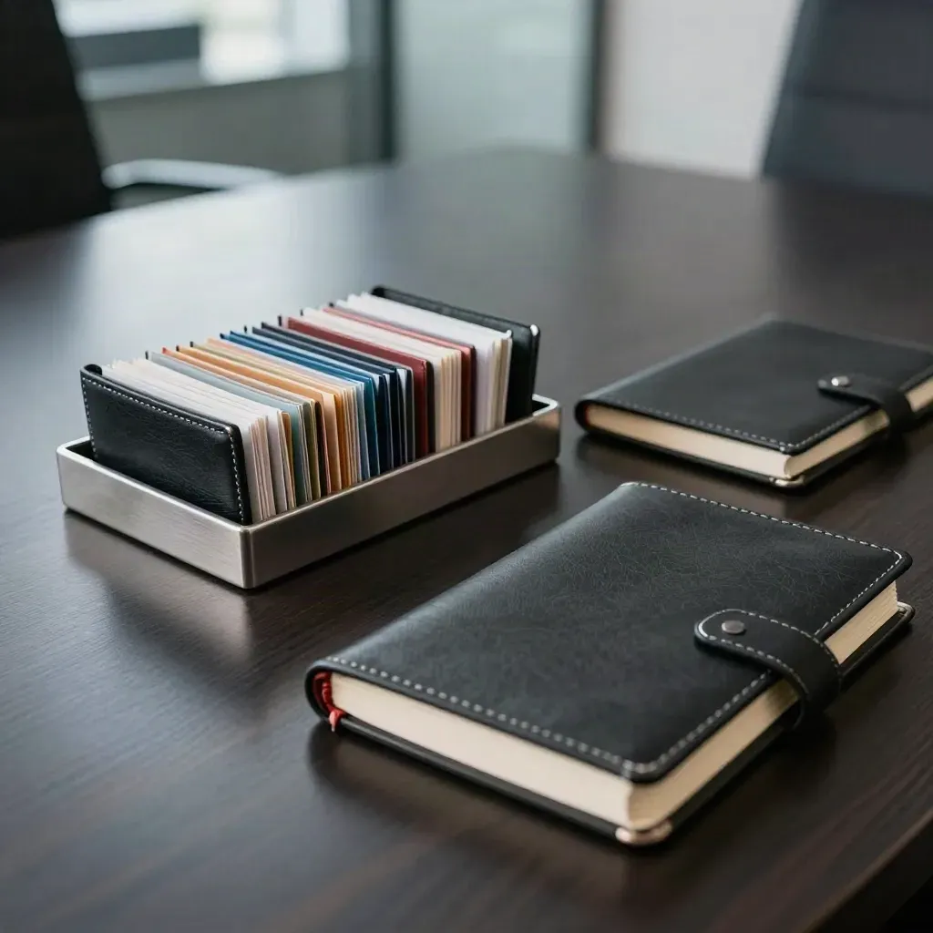 Stacked card wallets and an archive tray beside a closed ledger on a dark conference table.