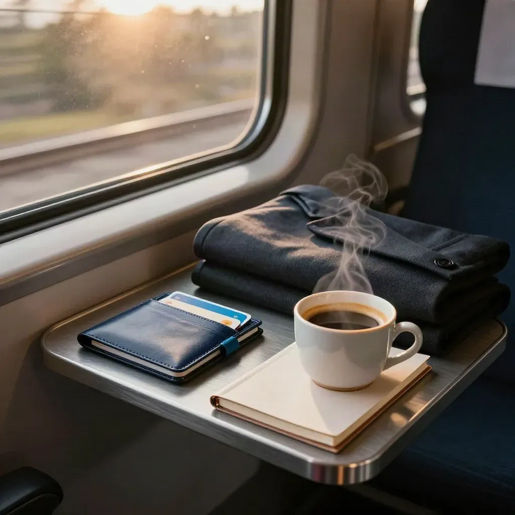 Sales travel kit with card holder, blazer, notebook and coffee by a train window.