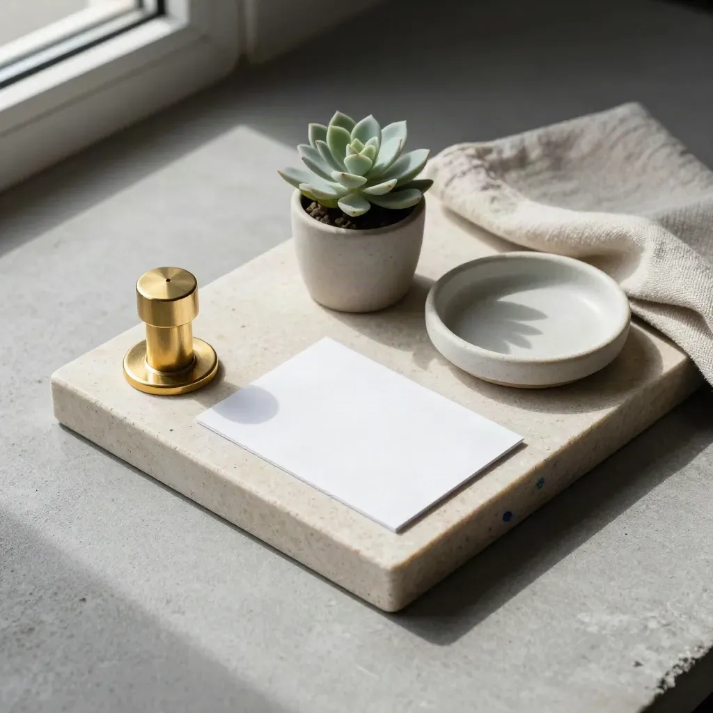Brass lock and card tray on concrete with plant, cloth, and dish in soft side light.
