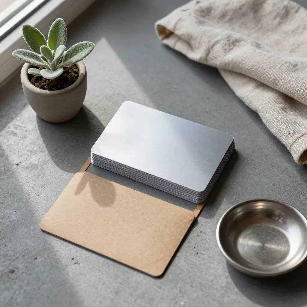 Overhead flatlay of blank payment cards in a kraft sleeve with plant, linen and ceramic dish.