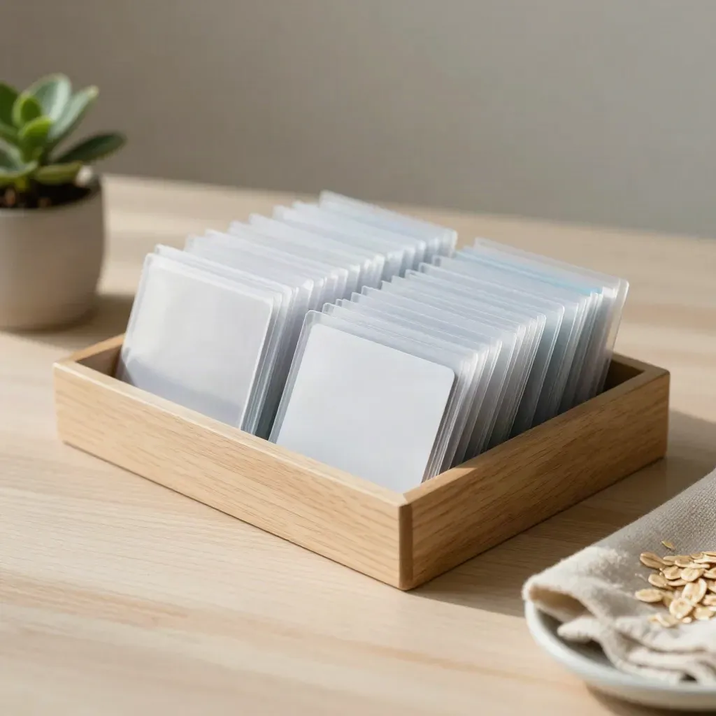 Archive tray of receipt sleeves, unprinted card, cloth and plant on pale wood, softly lit.