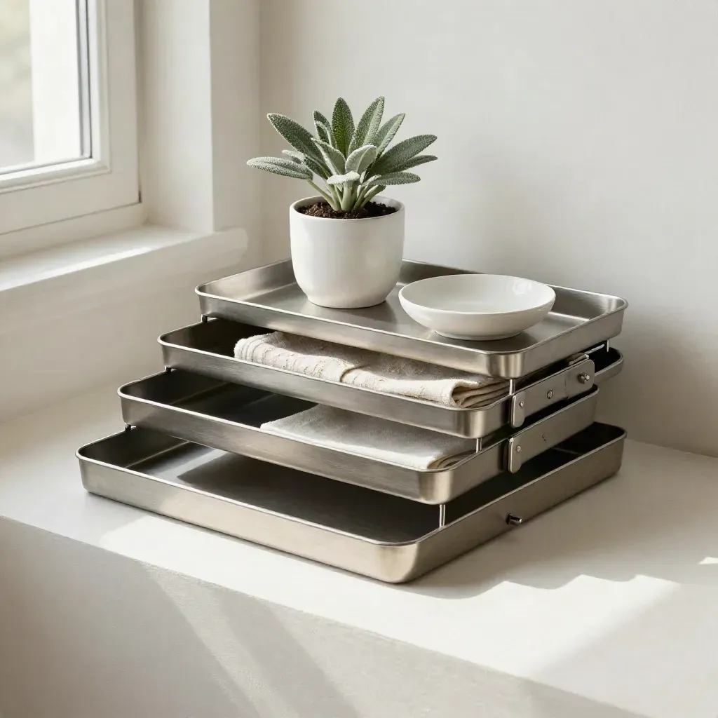 Three nested card holders in a metal tray beside a plant, cloth, and ceramic dish on off-white plaster.