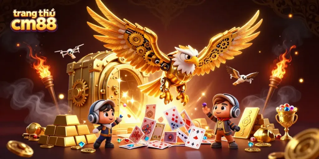 Experience the excitement of trang chủ cm88 with a cybernetic golden eagle in a dynamic casino scene.