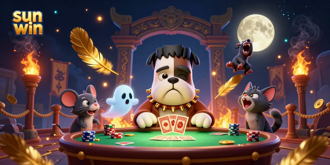 Experience thrilling gameplay at sun win with cartoon Frankenstein bulldog dealing cards at a casino table.