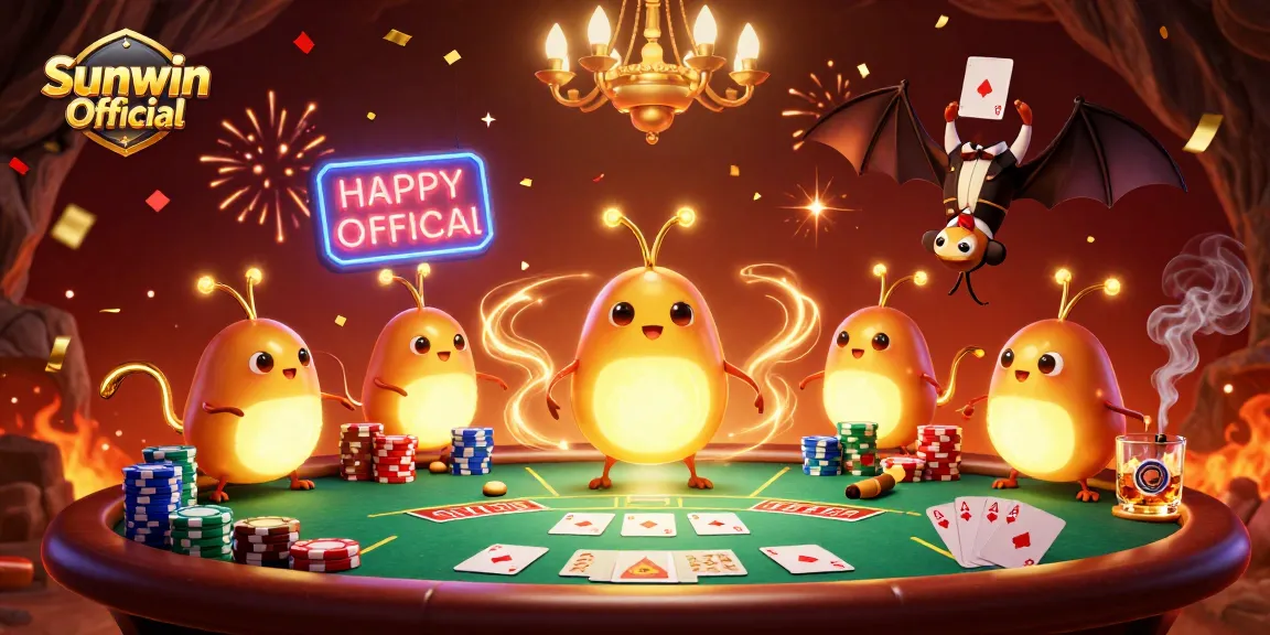Illuminate your gaming experience with Sunwin Official's animated casino scene featuring glowworms and poker elements.