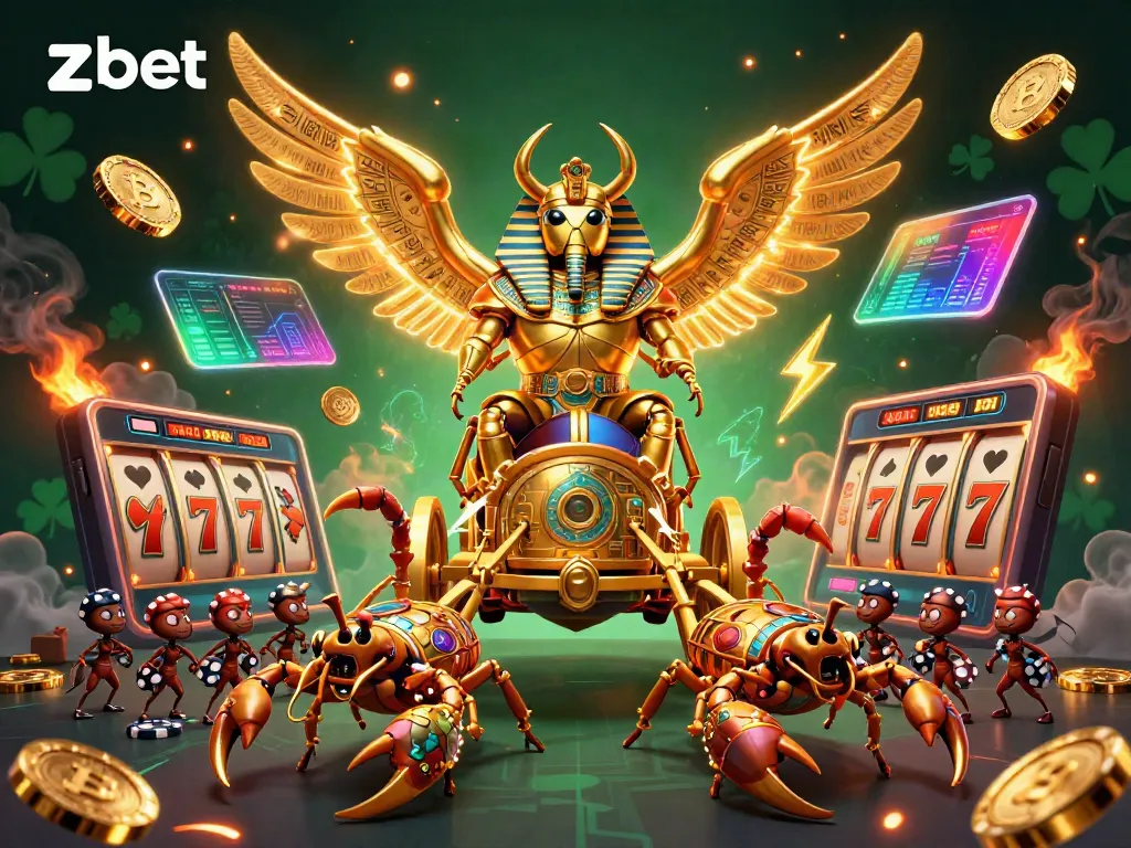 Experience the vibrant world of zbet with a lively casino scene featuring a golden scarab beetle and slot game elements.